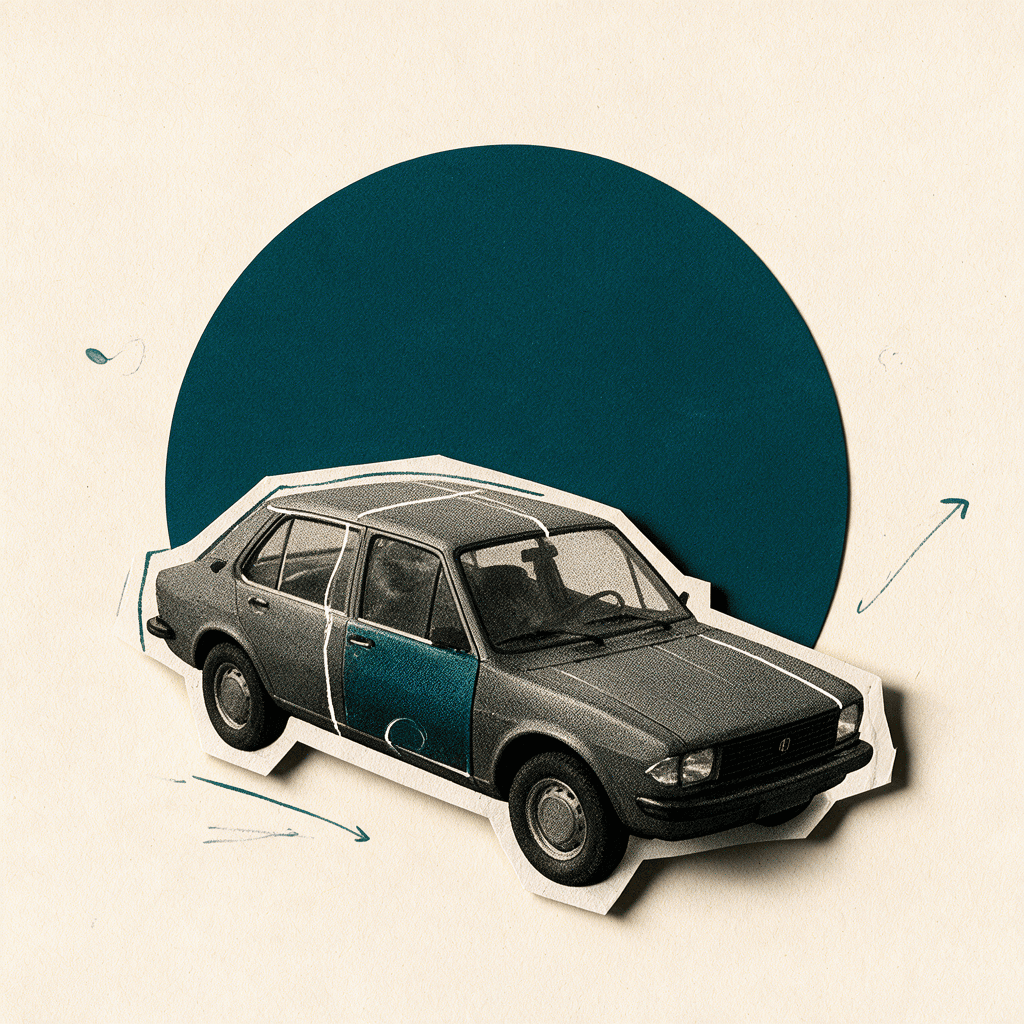 Editorial illustration of a compact hatchback with individual advertising panels marked